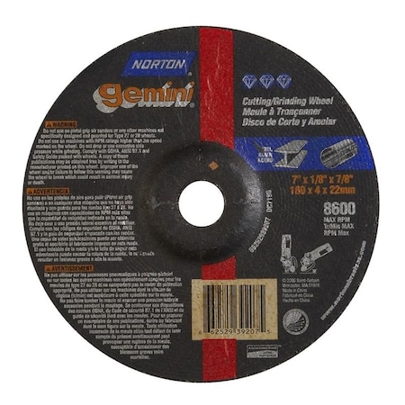 Norton Co Grinding Wheel, Depressed Center, Type 27 - Metal - Gemini Alum Oxide, 7 x 1/8 x 7/8, Max RPM: 8600 662529-39207